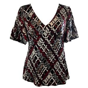 Trina Turk Argyle Print Red Gray Silver Silk Top